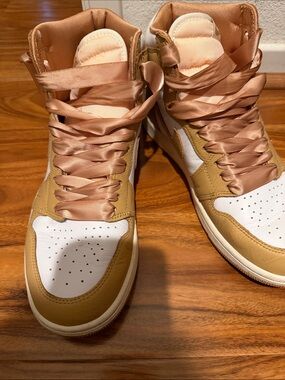 Nike Women's High-Top Sneakers in Tan, White and Rose Satin Laces